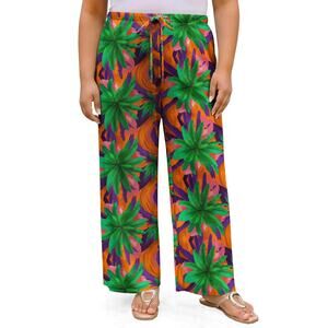 Womens Plus Size XL Pleated Wide Leg Tropical Print Pants Drawstring